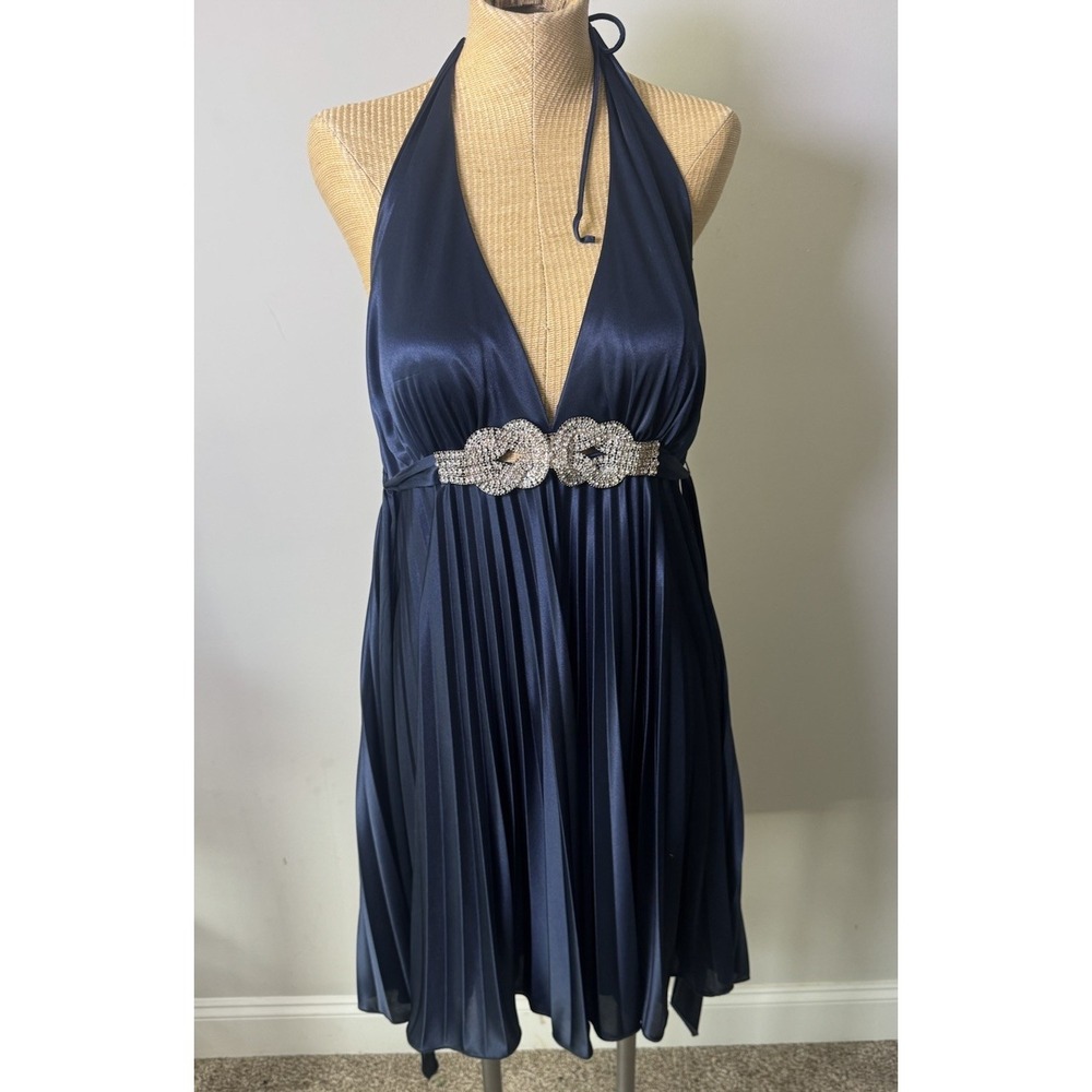VTG Y2K Xscape Satin Mini Dress Halter‎ Mcbling Club Going Out Navy Sz 12
